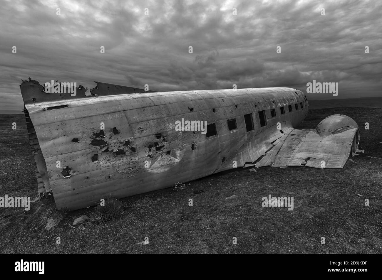Wreck of a US military plane crashed in the middle of the nowhere. The plane ran out of fuel and crashed in a desert not far from Vik, South Iceland Stock Photo