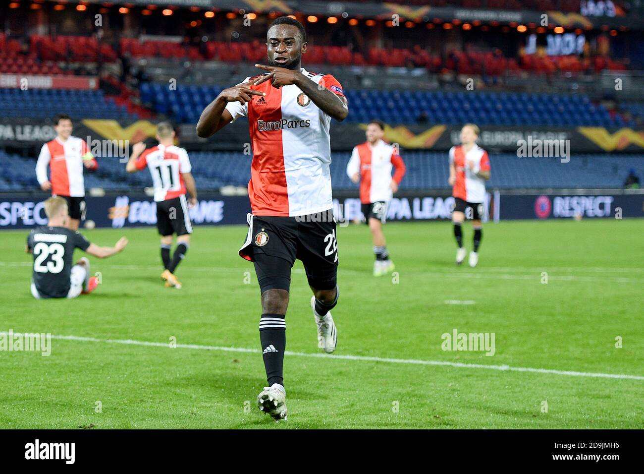 Rotterdam, The Netherlands. 5th Nov, 2020. Lutsharel Geertruida of Feyenoord celebrates after his goal during the UEFA Europa League, Group Stage, Group K football match between Feyenoord and CSKA Moskva on november 5, 2020 at De Kuip stadium in Rotterdam, The Netherlands - Photo Yannick Verhoeven/Orange Pictures/DPPI/LM Credit: Paola Benini/Alamy Live News Stock Photo
