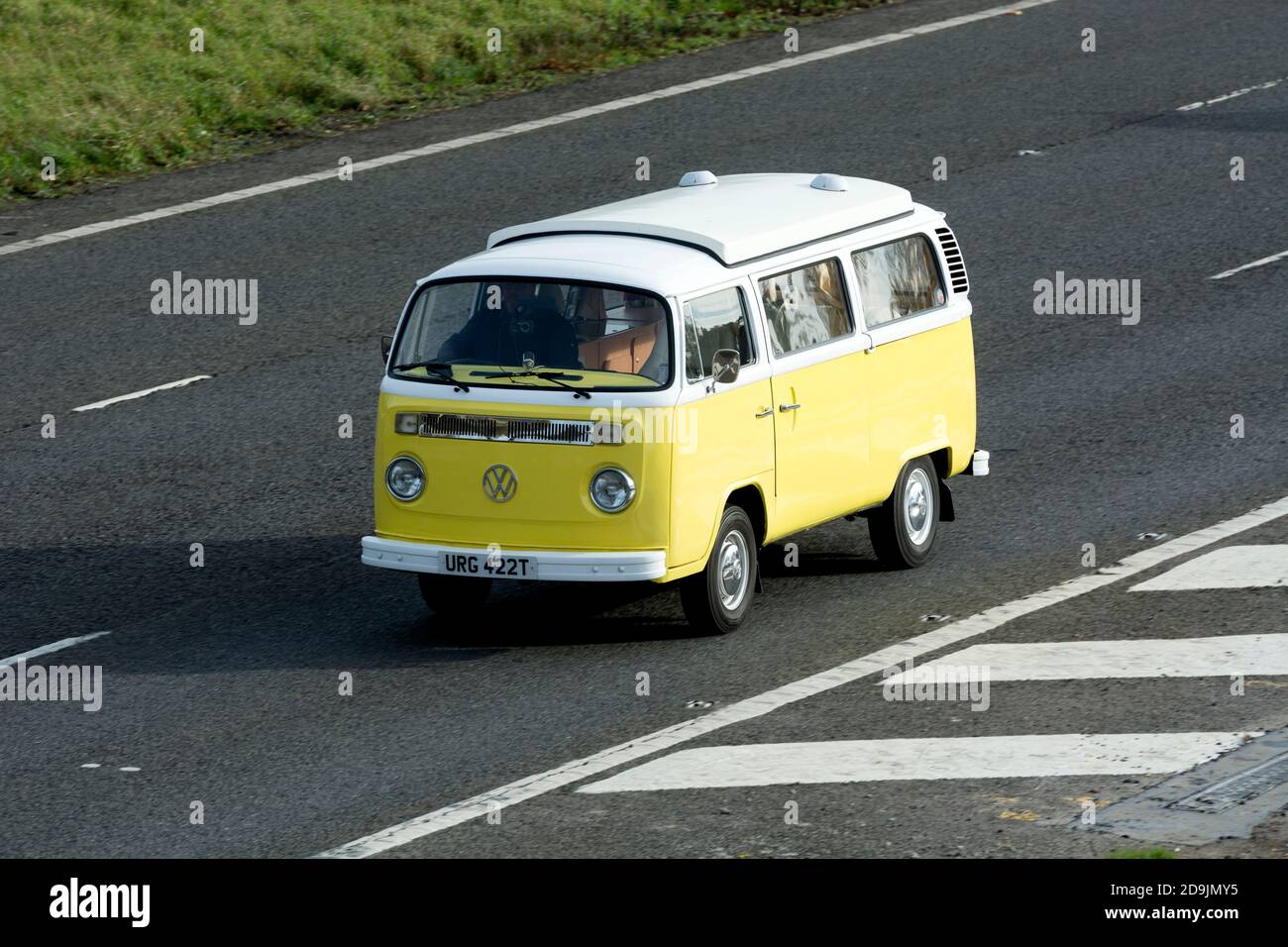 A VW camper van on the M40 motorway, Warwickshire, UK Stock Photo
