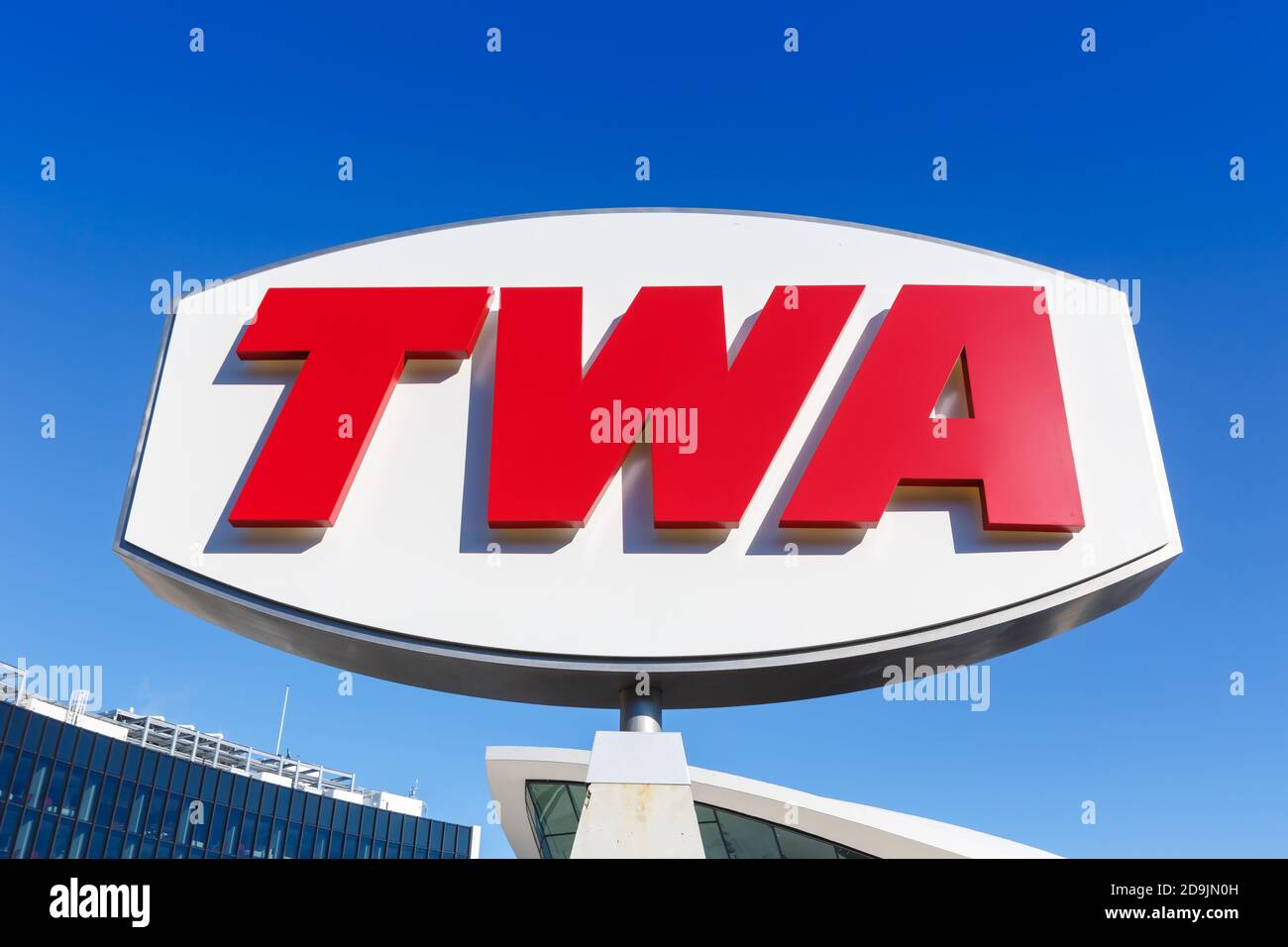 New York City, New York - March 1, 2020: TWA logo Hotel Terminal at New York JFK Airport in the United States. Stock Photo