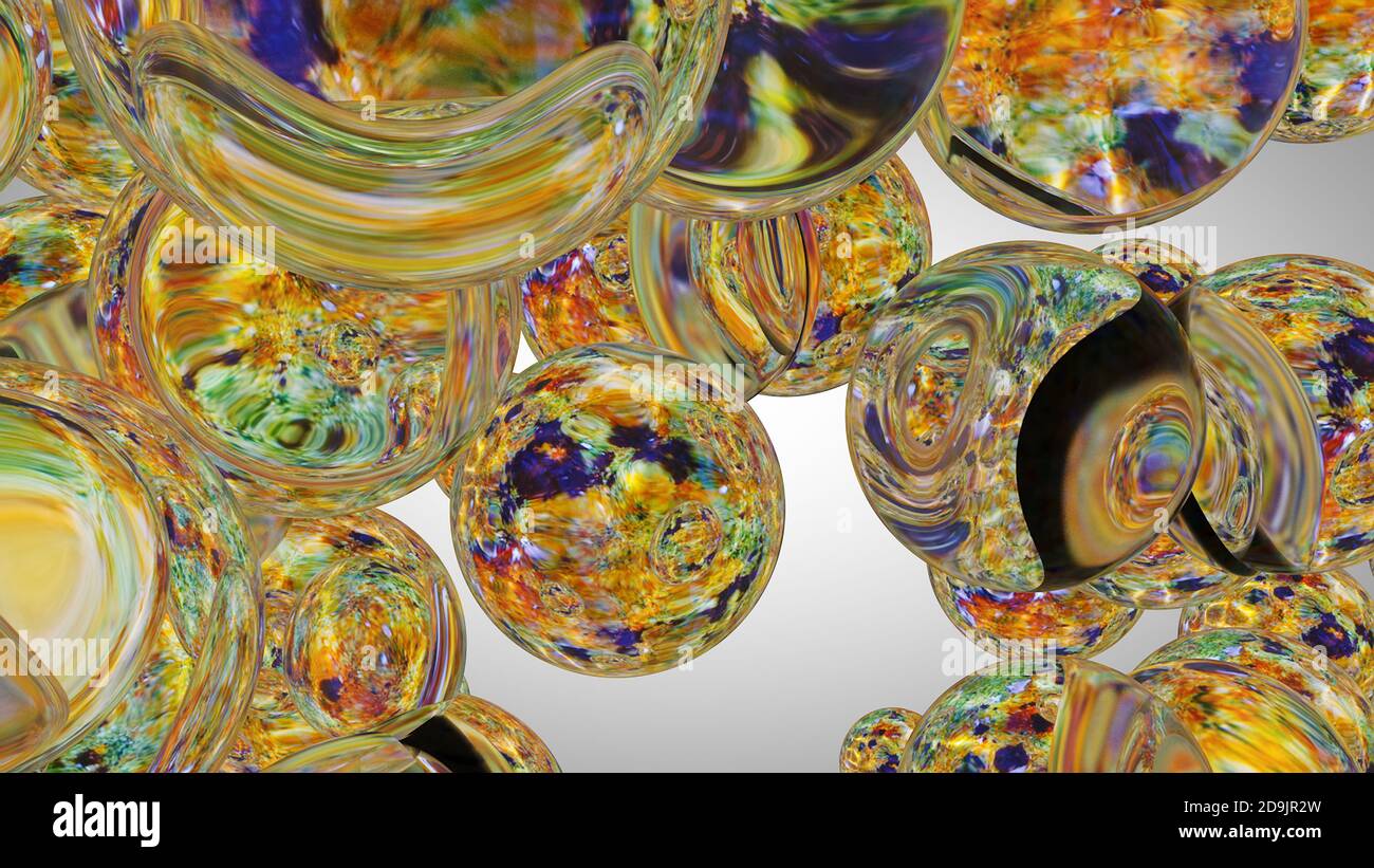 Abstract underwater games with jelly balls, bubbles and light, 3D