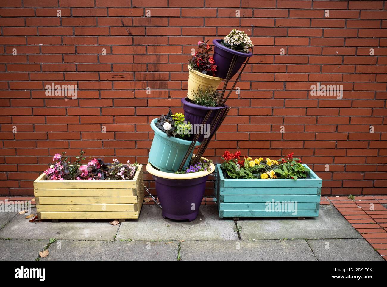 A colourful selection of flowers set against a brick wall, northern quarter, manchester Stock Photo