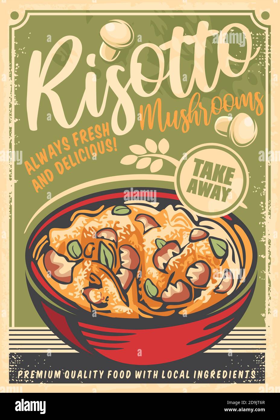 Risotto with mushrooms restaurant menu design. Vegetarian food vector