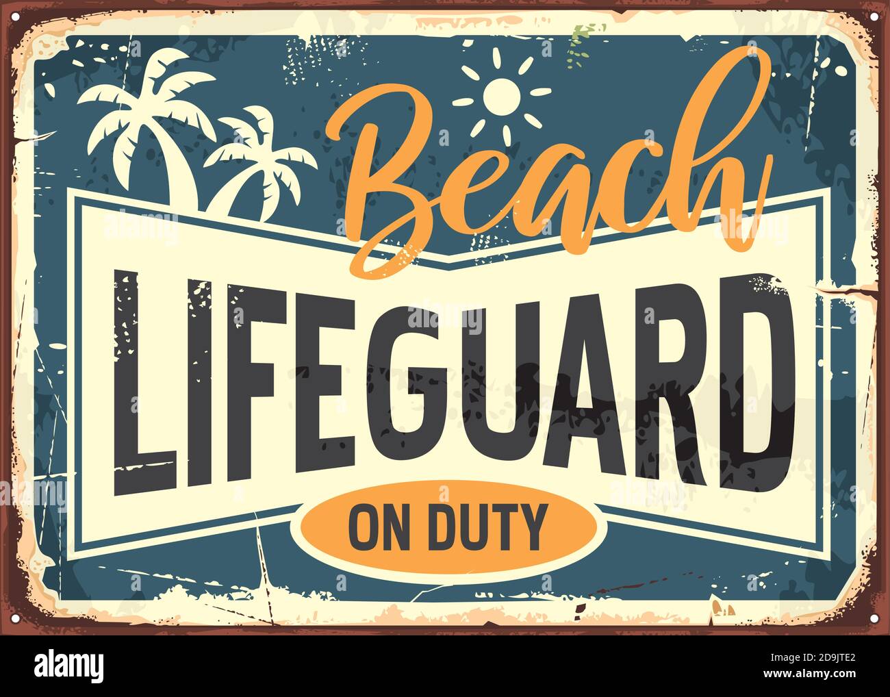 Beach lifeguard on duty retro summer sign info with sun and palm trees