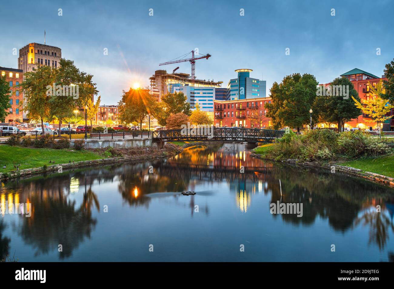 Kalamazoo, Michigan, USA downtown cityscape and park at dusk Stock