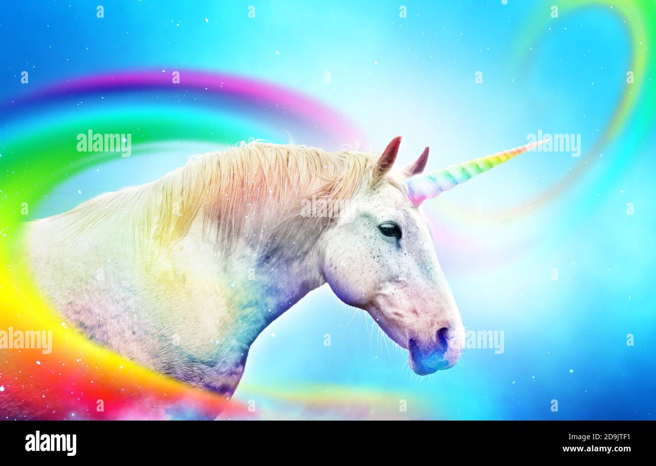 Colorful rainbow unicorn horse. Ancient mythical creature. Stock Photo