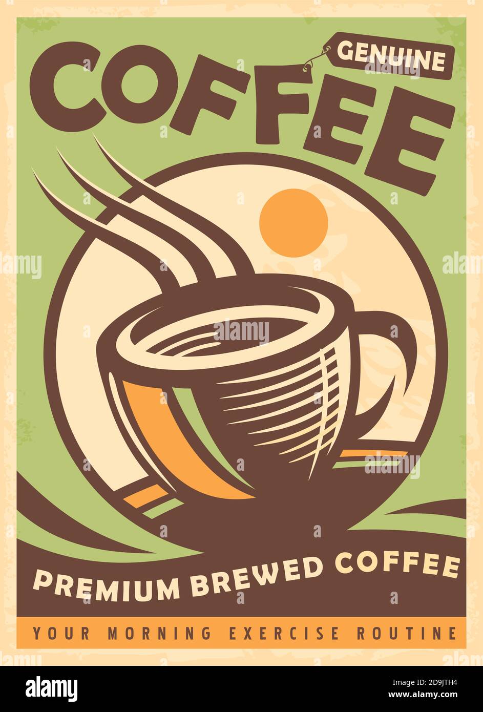 Premium brewed coffee retro ad design layout with coffee cup and fields  in background. Green flyer for hot drink. Vector illustration. Stock Vector