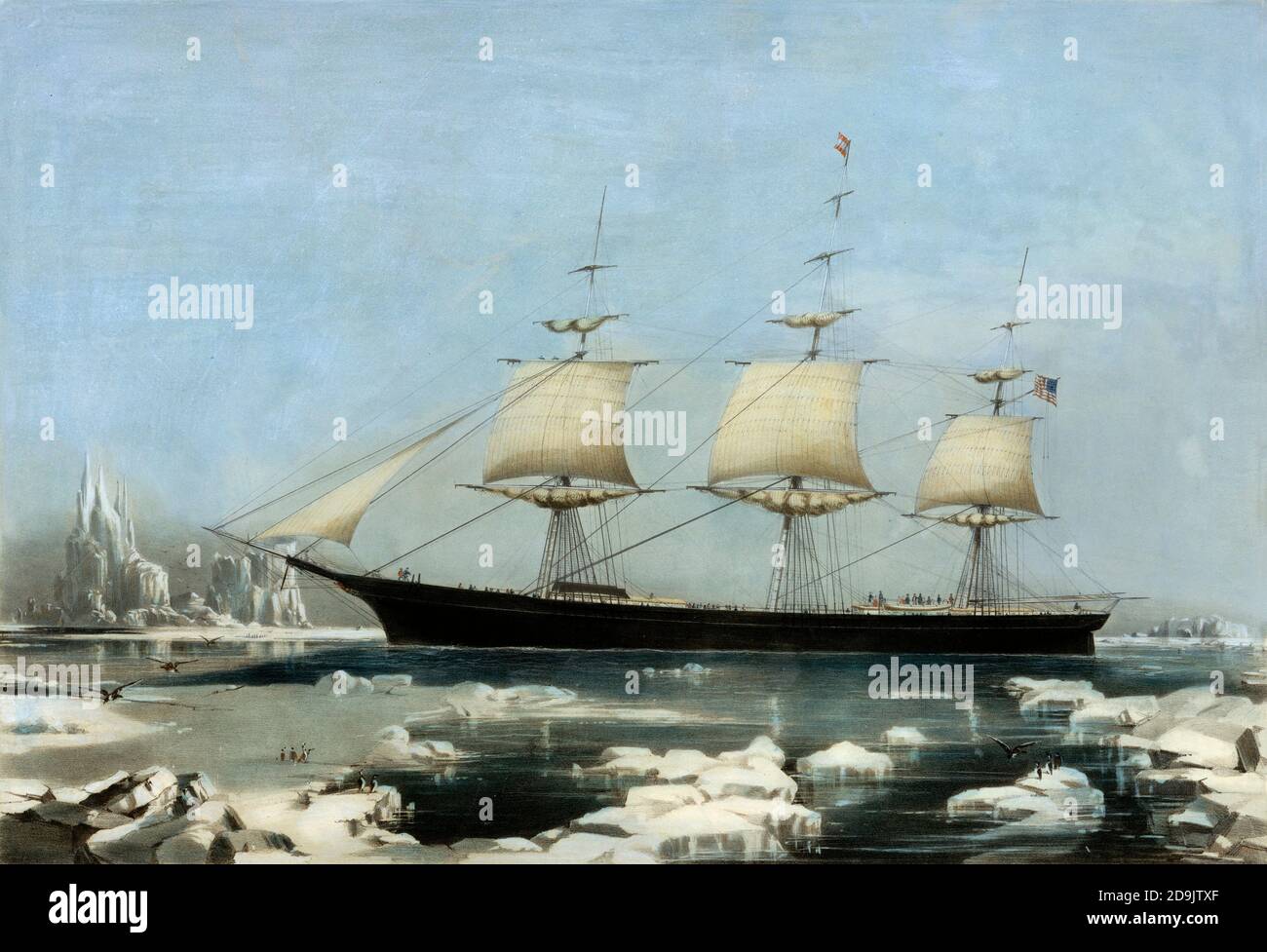 Clipper Ship 'Red Jacket': In the Ice off Cape Horn, on Her Passage from Australia, to Liverpool, August 1854. Hand-colored lithograph. Red Jacket was a clipper ship, one of the largest and fastest ever built. She was also the first ship of the White Star Line company. She was named after Sagoyewatha, a famous Seneca Indian chief, called 'Red Jacket' by settlers. She was designed by Samuel Hartt Pook, built by George Thomas in Rockland, Maine, and launched in 1853, the last ship to be launched from this yard. Stock Photo