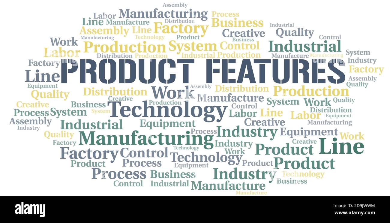 Product Features word cloud create with the text only. Stock Vector