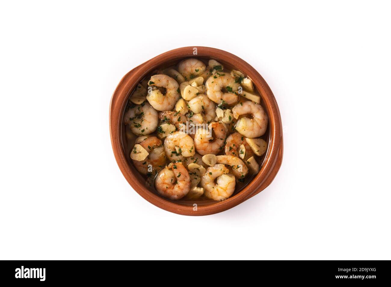 Garlic prawns in crock pot isolated on white background Stock Photo Alamy
