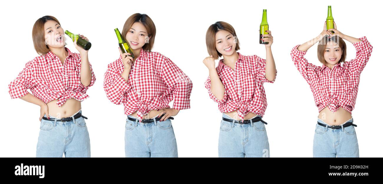 Beautiful Chinese American woman holding a bottle of beer isolated on white background Stock Photo