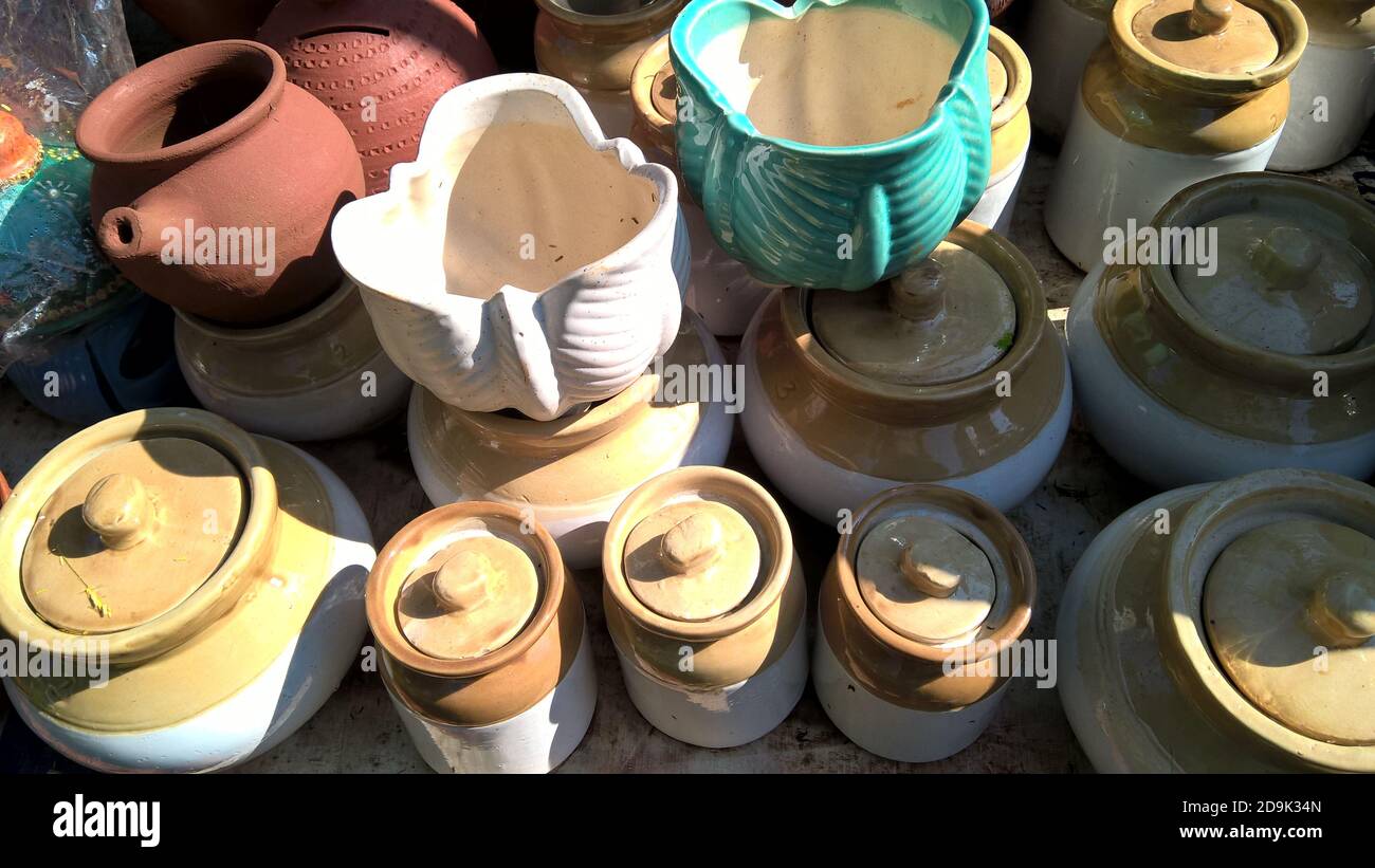 scenic view of earthen or clay pots Stock Photo