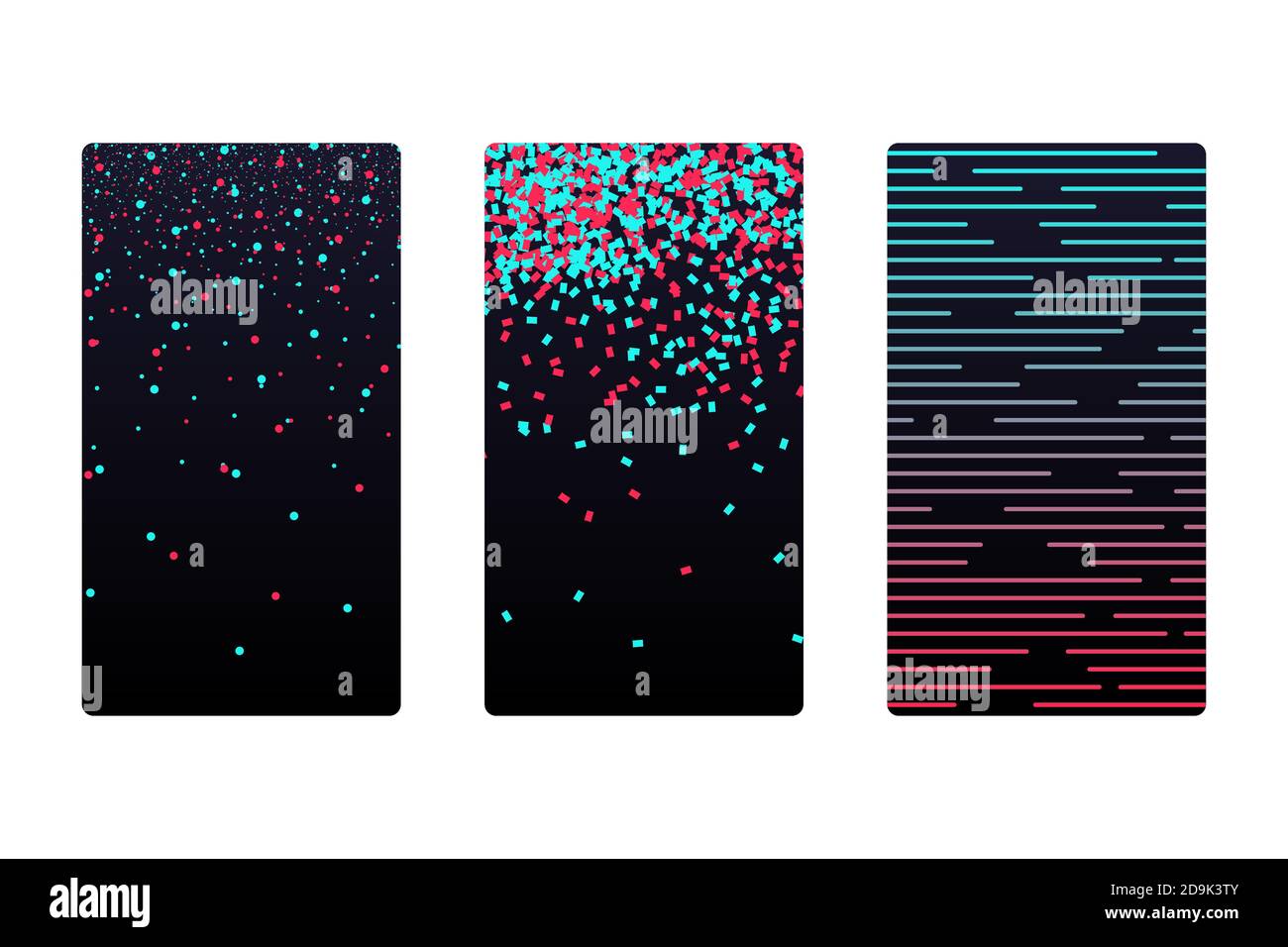 Colored modern red blue elements on black social media application abctract background set. Blogging stream app futuristic digital wallpaper. Smartphone screen backdrop cover vector eps illustration Stock Vector