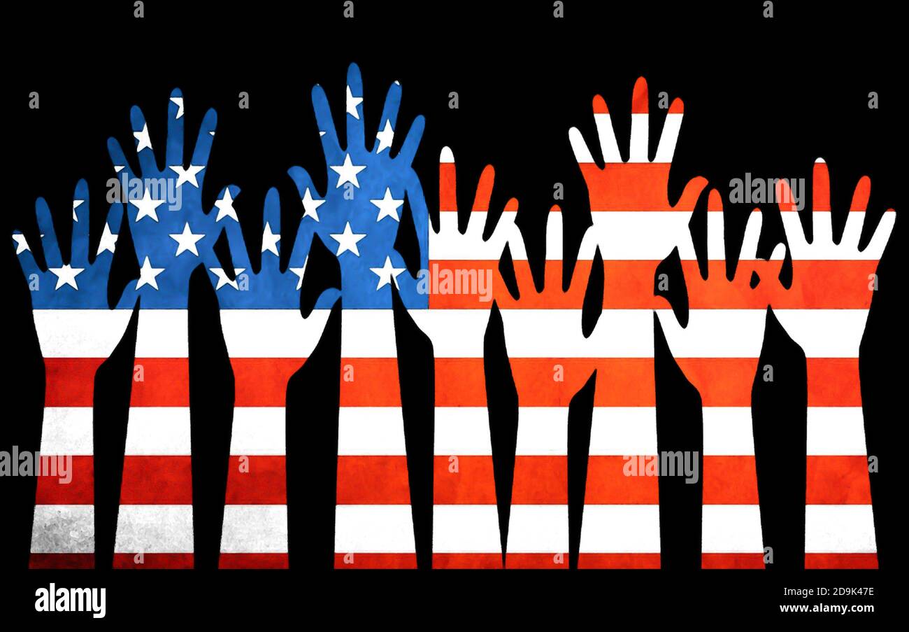 Bandiera USA con mani in diversi colori dietro le strisce della bandiera americana. Election Day. Stock Photo