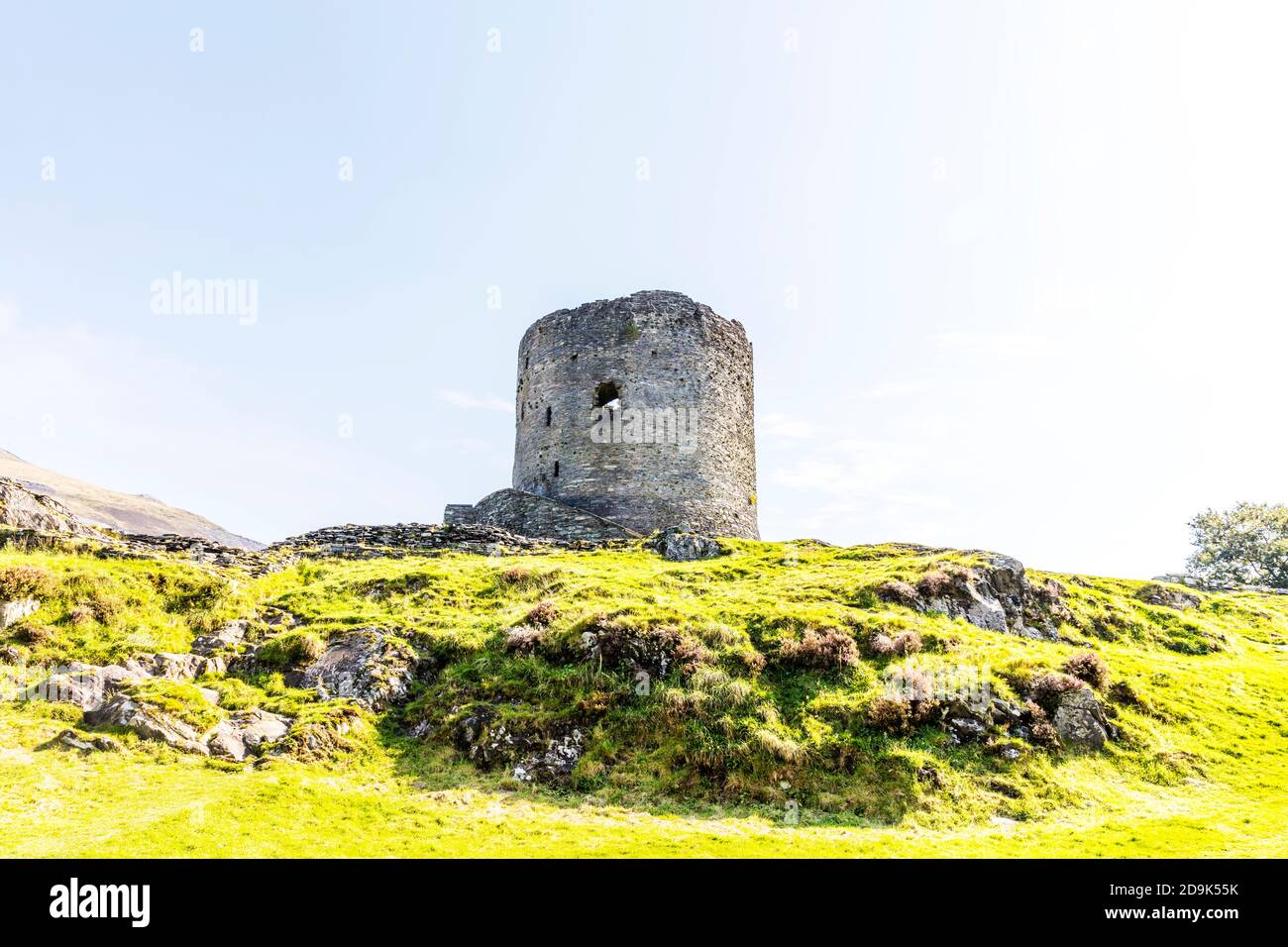 Dolbadarn Castle is a fortification built by the Welsh prince Llywelyn the Great during the early 13th century, at the base of the Llanberis Pass, in Stock Photo