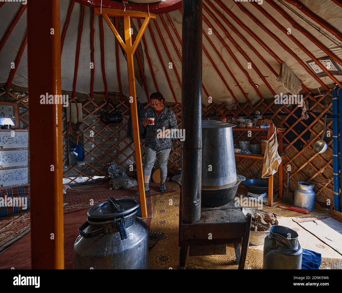 Life of the Mongolian Yurt. Interior of the nomad's house. Mongol ...