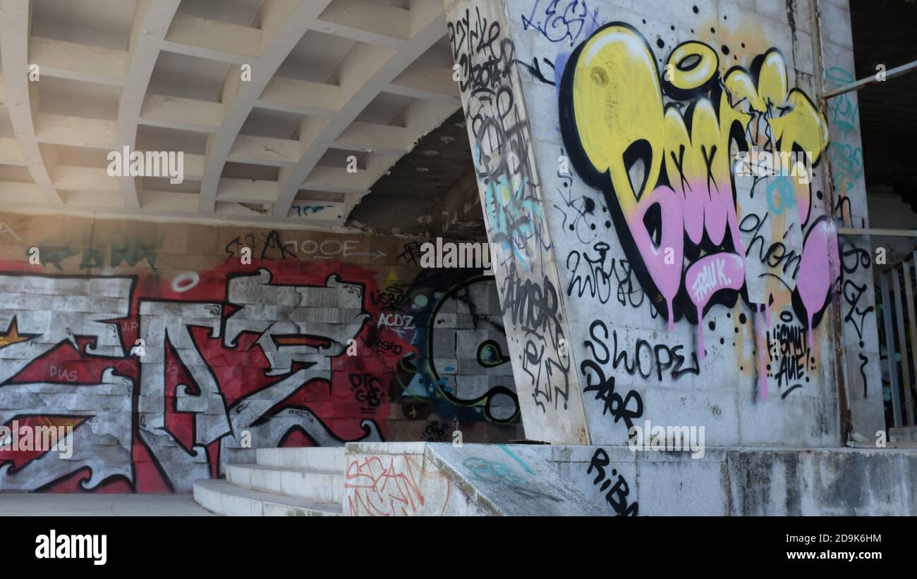 LISBON, PORTUGAL - Feb 22, 2019: Graffiti art at abandoned hotel in Barcarena, near Lisbon, Portugal Stock Photo