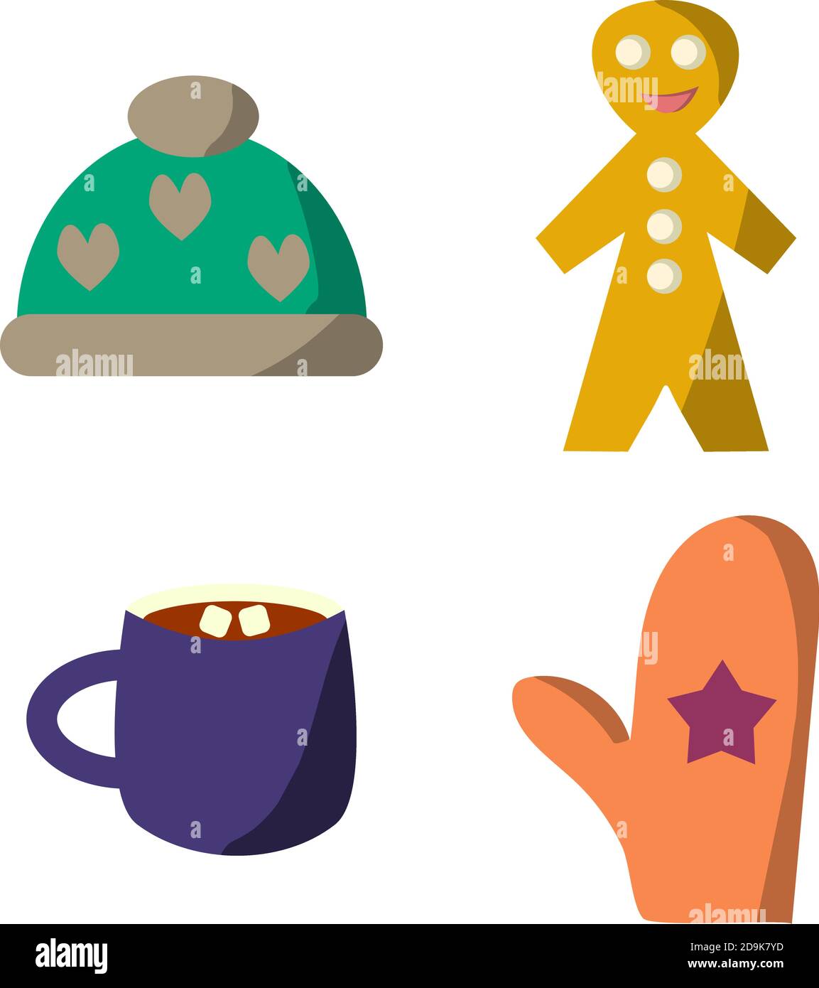 Winter icon set with cookie, cup, mitten and hat in flat style Stock Vector