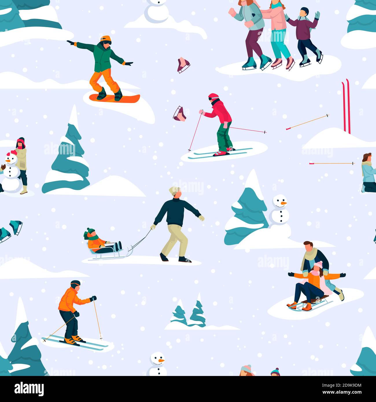 Winter seamless pattern with happy people skiing, skating and sledding. Vector flat cartoon Christmas fun background. Outdoor sports, lifestyle and ac Stock Vector