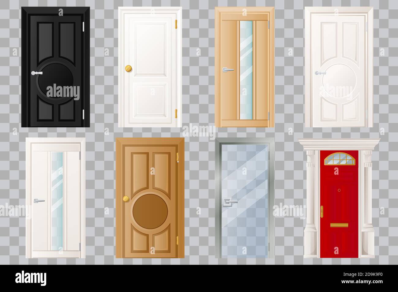Closed doors set, isolated on transparent background. Classical wooden, white, black and glass door. Modern home or room entrance and exit design elem Stock Vector