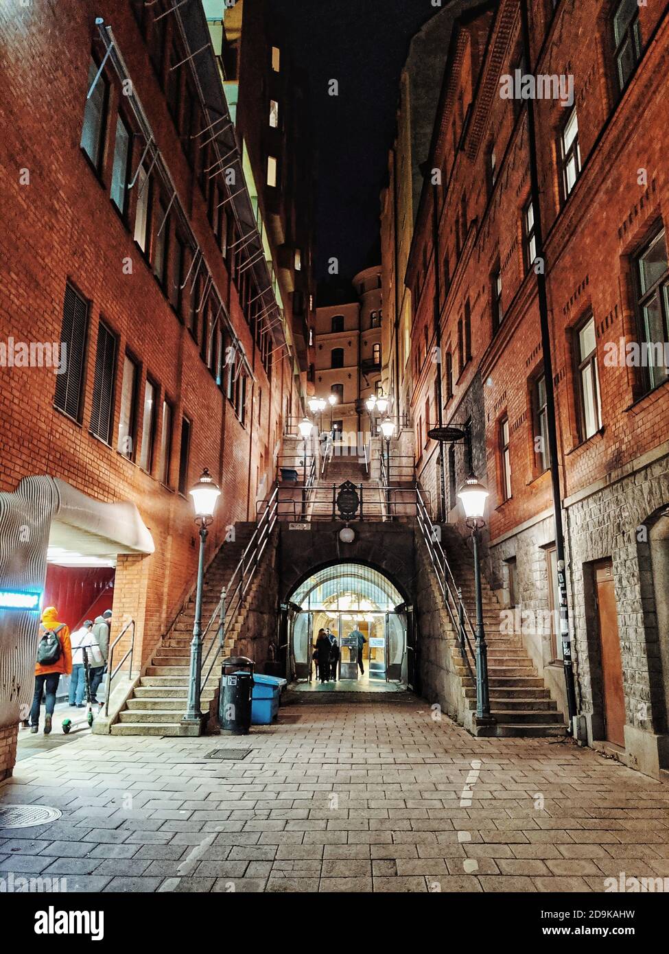 Staircase illuminated by lampposts in Tunnelgatan, Stockholm, Sweden Stock Photo