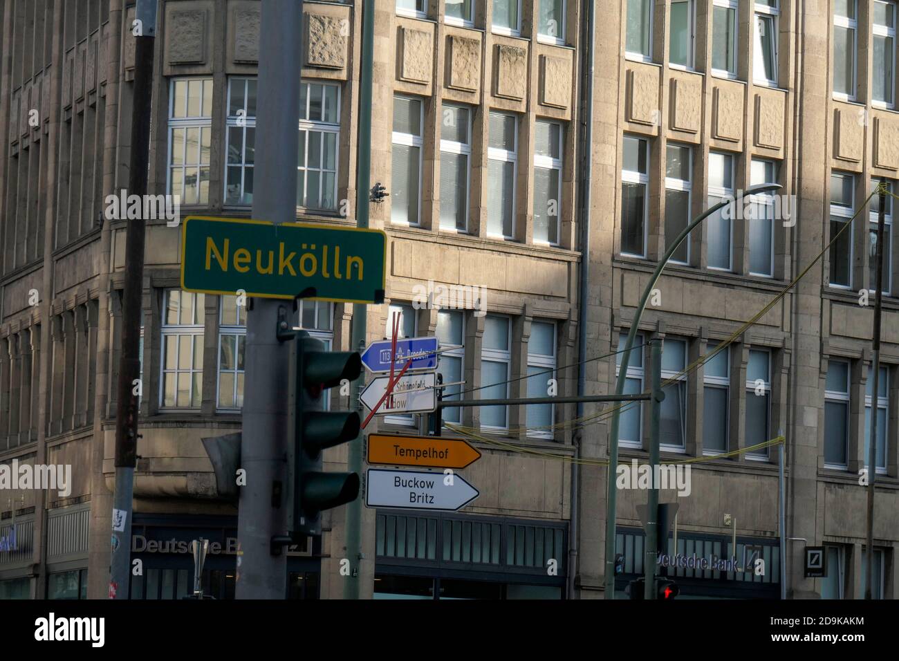 Neukölln sign, Hermannplatz, Hermannstrasse, Karl-Marx-Strasse, Berlin Stock Photo