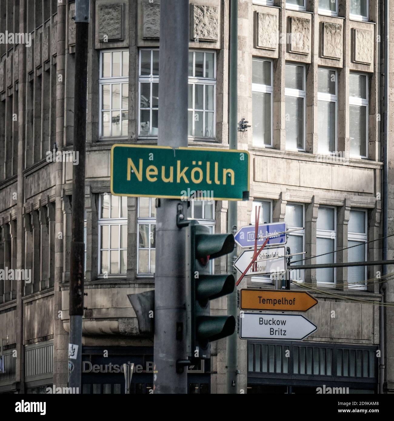Neukölln street sign, Hermannplatz, Corona Hotspot, traffic light Stock Photo