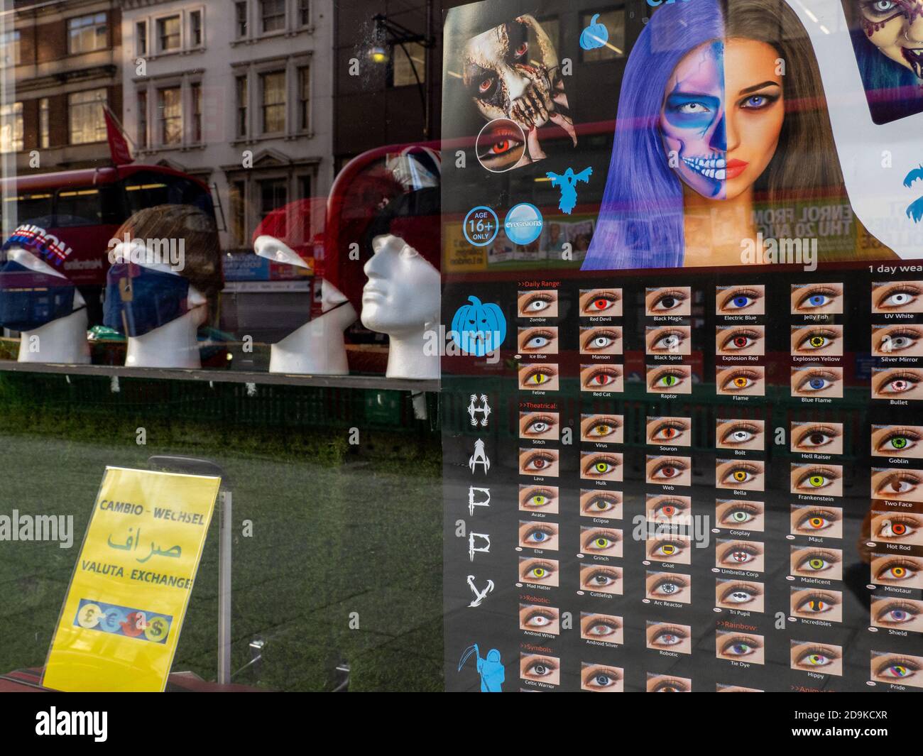 Face masks for sale in a sop window on London's Oxford Street. Stock Photo