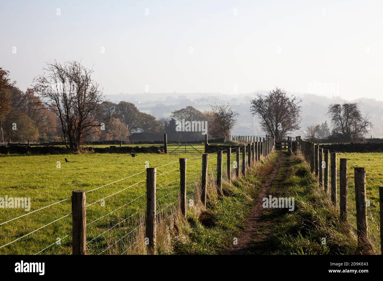 A fenced public footpath leads across farmland blanketed in low Autumn mist during early November in a village at the foot of the Yorkshire Pennines. Stock Photo