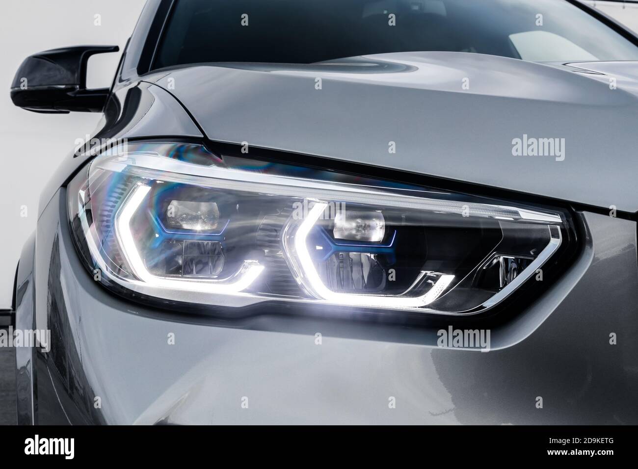 Mockup, banner for car advertising. Silver new car front view xenon