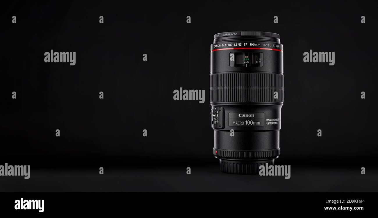 Popular Macro Lens Canon EF 100 mm f2.8L Macro on black background. 07.03.2020, Rostov region, Russia. Stock Photo