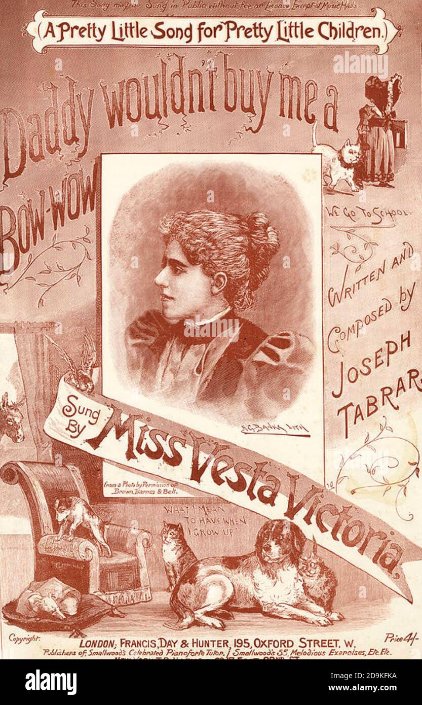 VESTA VICTORIA (1873-1951) English music hall entertainer on the cover of the 1892 sheet music for Daddy Wouldn't Buy Me a Bow Wow by Joseph Tabrar. It was specially written to suit her vocal range. Stock Photo