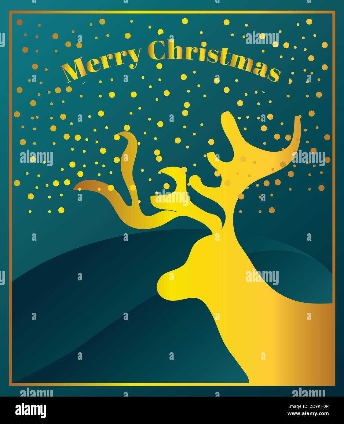 merry christmas, golden deer and snow green background card vector ...