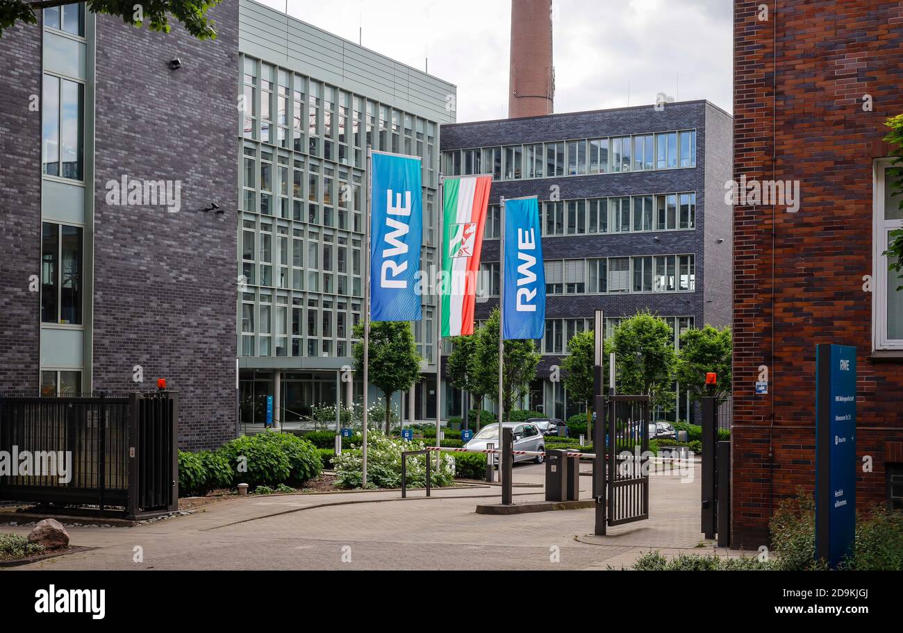 Flags in front of the RWE headquarters, new campus in Altenessen, Essen, Ruhr area, North Rhine-Westphalia, Germany Stock Photo