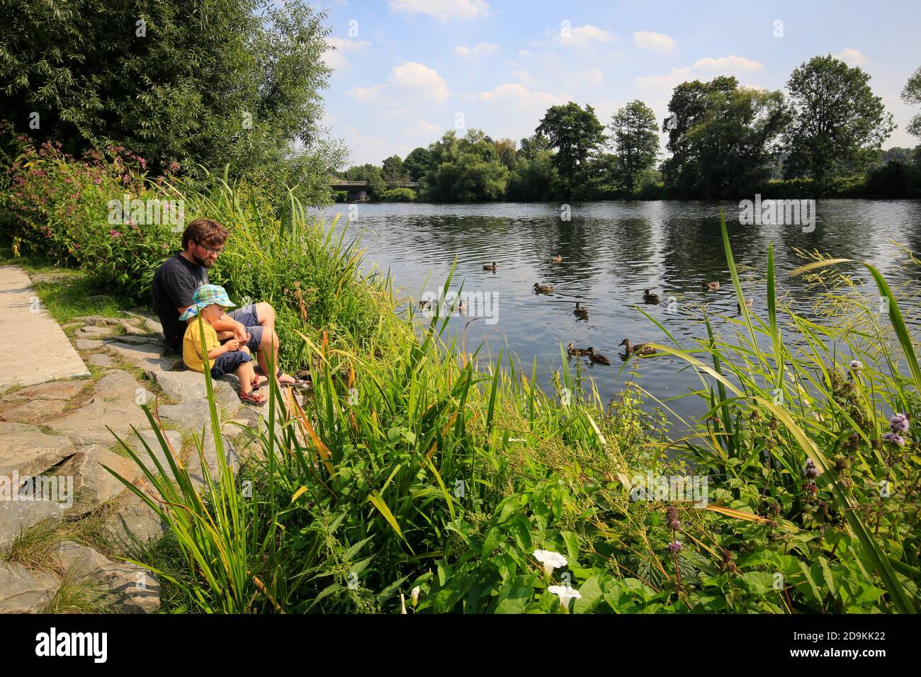 Essen, North Rhine-Westphalia, Ruhr Area, Germany, Ruhr promenade in the Steele district, father and son sit on the Ruhr bank and feed ducks, photographed on the occasion of the Essen 2017 Green Capital of Europe. Stock Photo