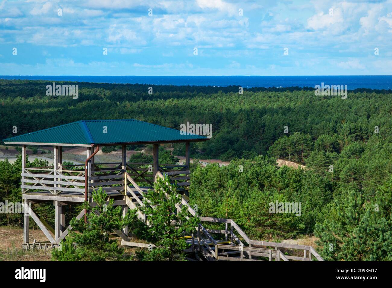 observation deck in a coniferous forest on the dunes of the Curonian Spit, side view Stock Photo