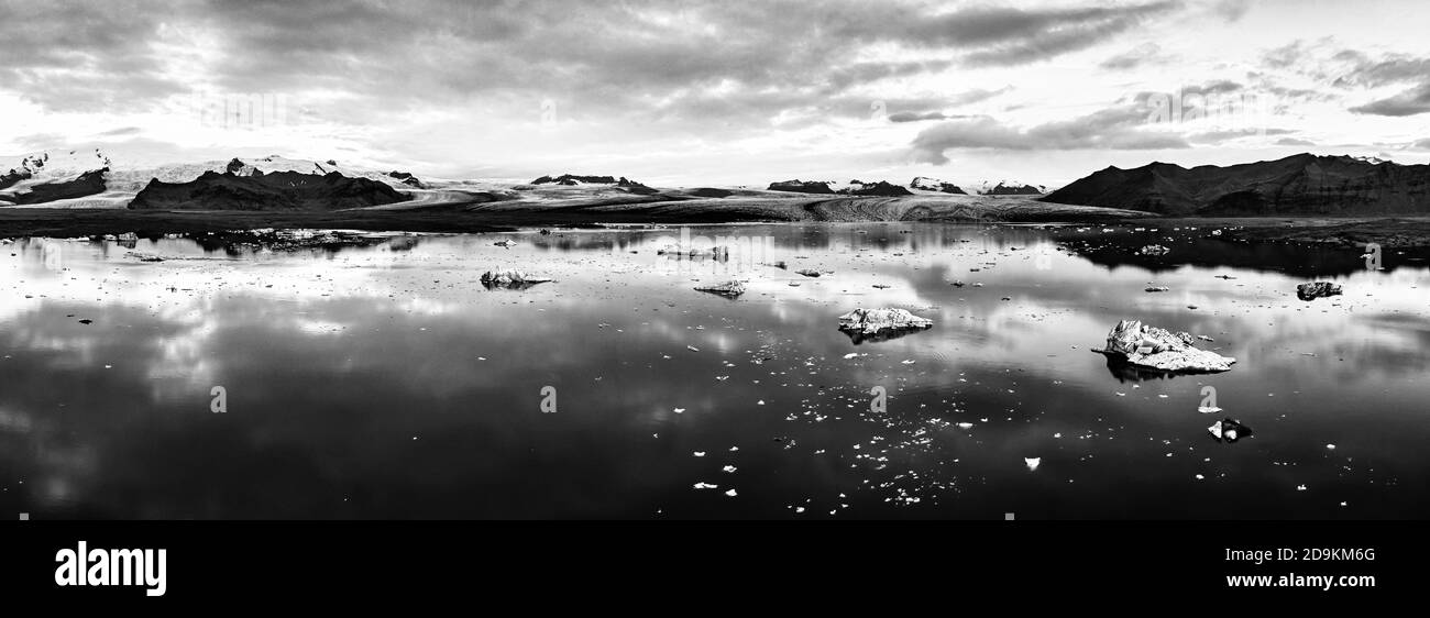 Panoramic aerial view of Glacier lagoon in Iceland during the sunrise Stock Photo