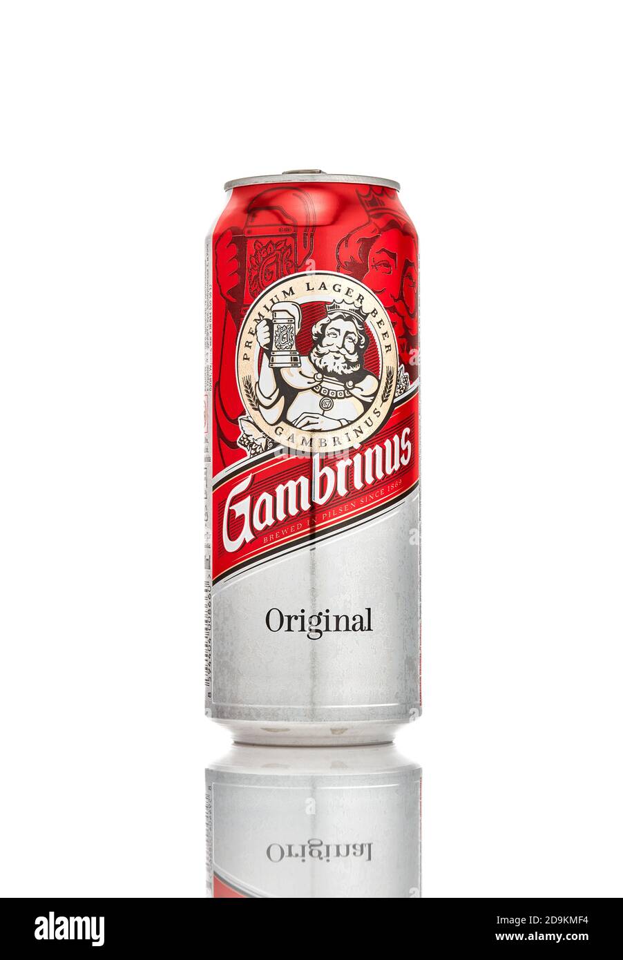 Gambrinus Beer in aluminum Can on white Background. Popular Czech beer. 21.06.2019, Rostov-on-Don, Russia. 21.06.2019, Rostov-on-Don, Russia. Stock Photo