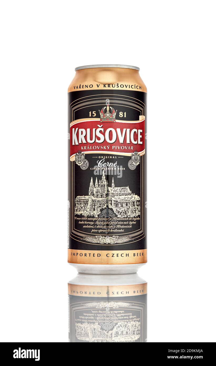Can of Krusovice Czech dark beer white background. Delcious beer from Czechia. 21.06.2019, Rostov-on-Don, Russia. Stock Photo