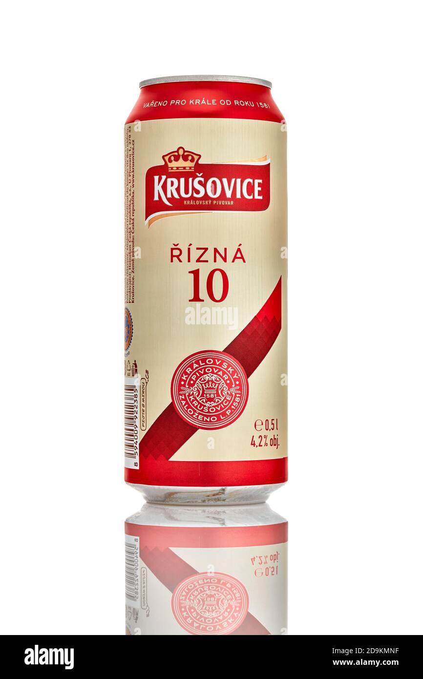 Can of Krusovice Rizna 10 Czech beer white background. Delcious beer from Czechia. 21.06.2019, Rostov-on-Don, Russia. Stock Photo