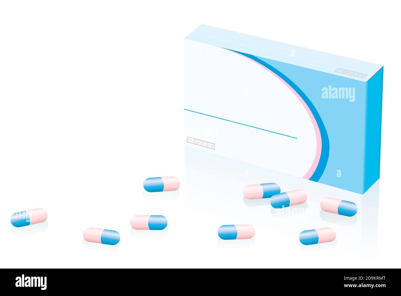 Blank pill box model. Unlabeled medicine package with scattered capsules - illustration on white background. Stock Photo