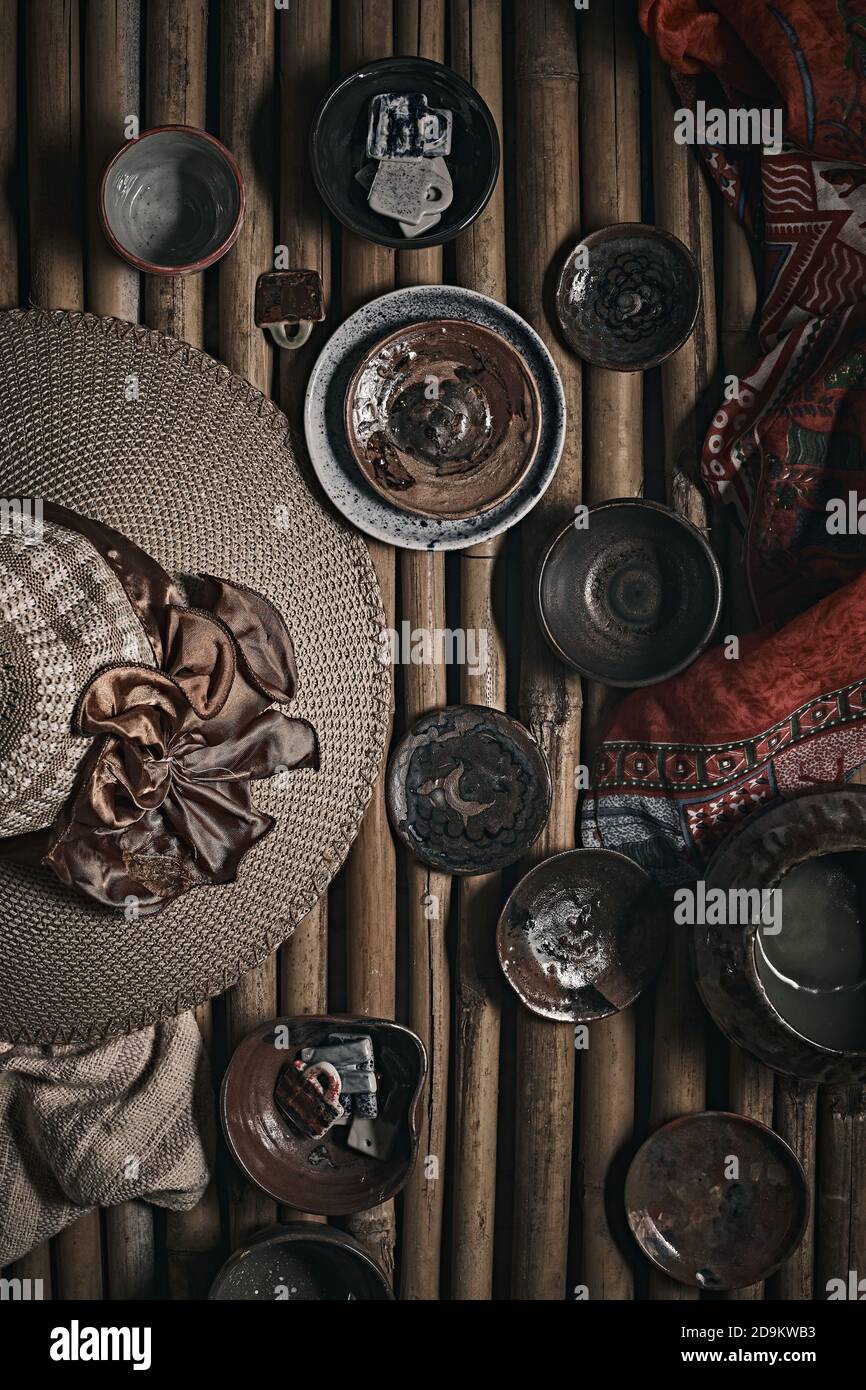 Different handmade ceramic on background. Stock Photo