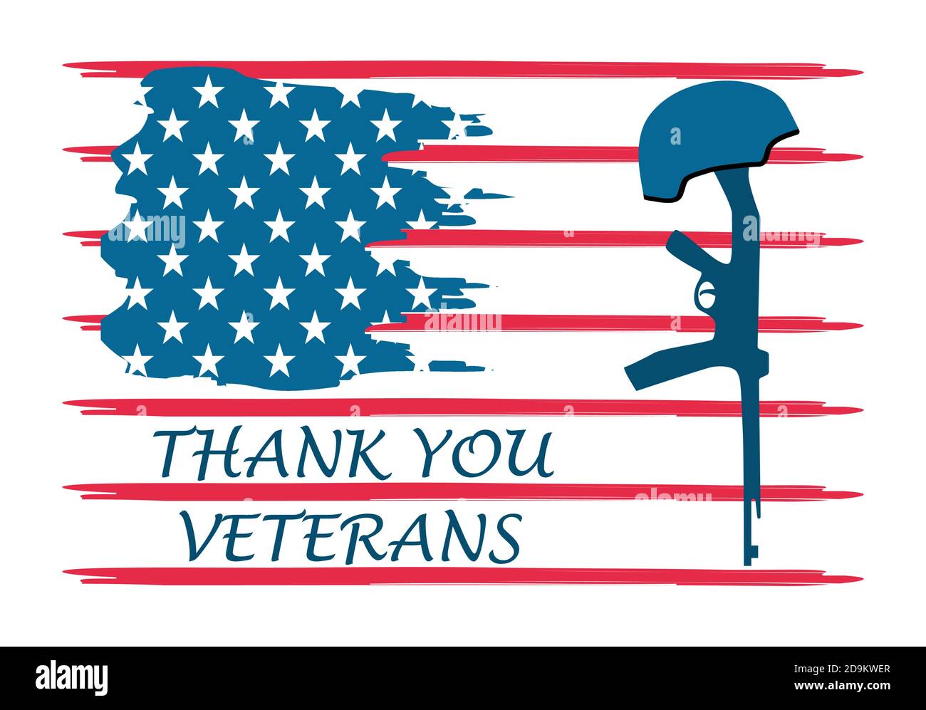 Veterans day concept vector. Military event is celebrated in 11th November in United States. The helmet hangs on the rifle. USA flag background. Stock Vector