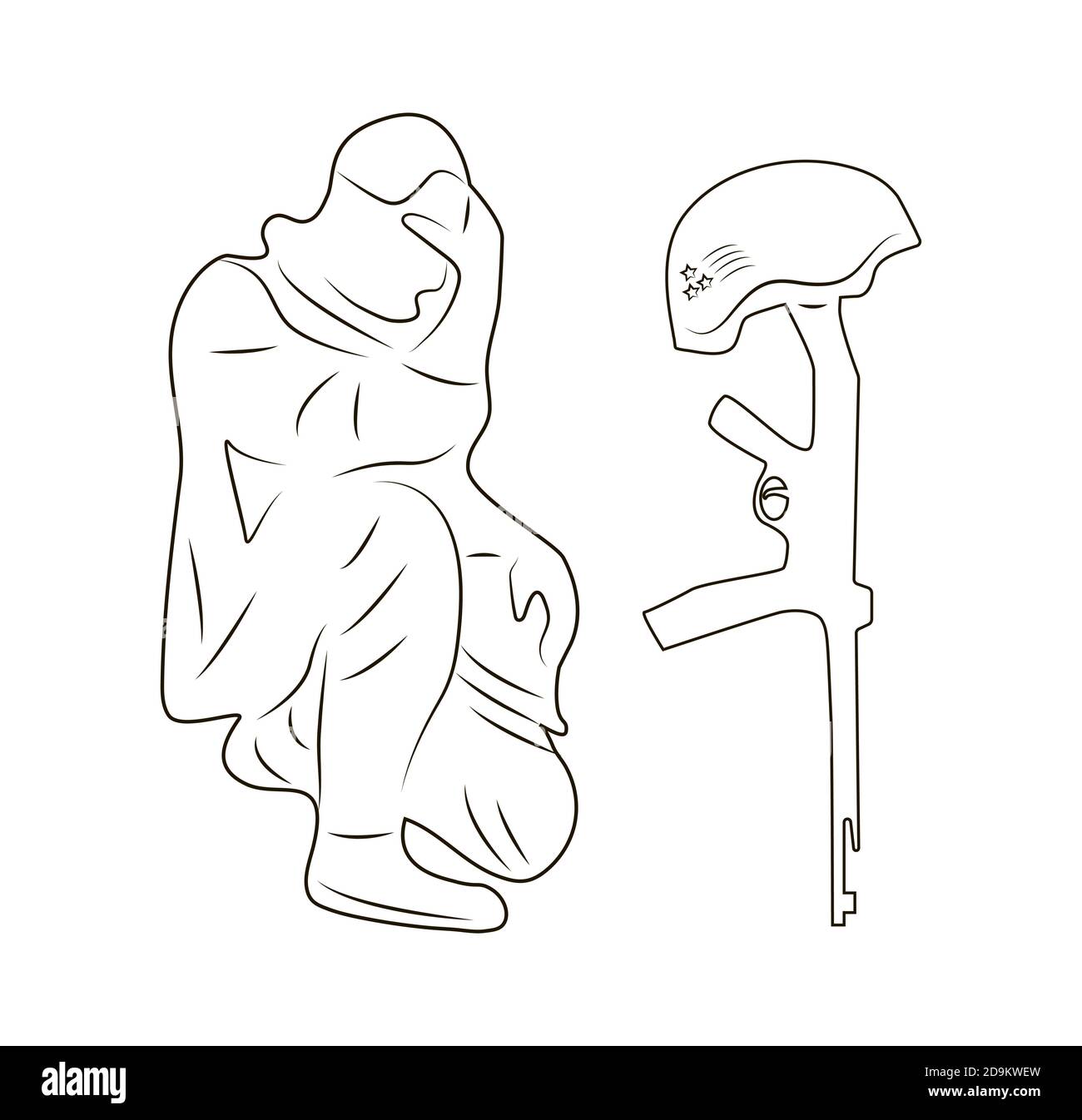 Veterans day concept vector in outline style. Military event is celebrated in 11th November in USA. A soldier grieves for a friend who died in the war Stock Vector
