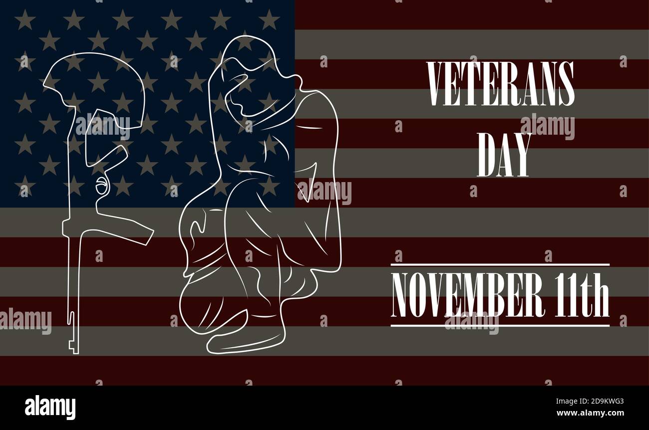 Veterans day concept vector. Military event is celebrated in 11th November in United States. Soldier grieves for a friend who died in the war. The hel Stock Vector