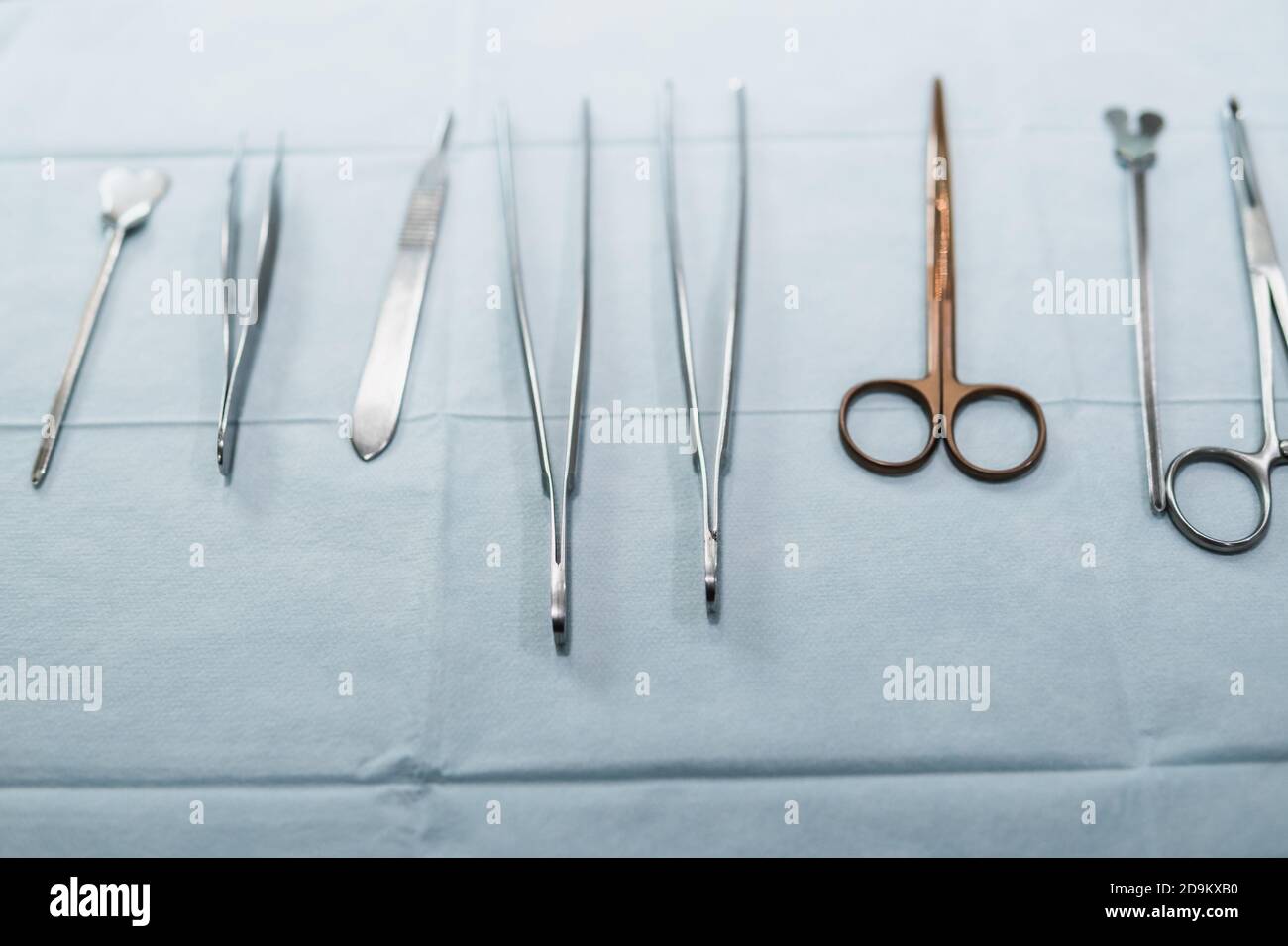 Surgery tools on a white table inside an operation room in a hospital