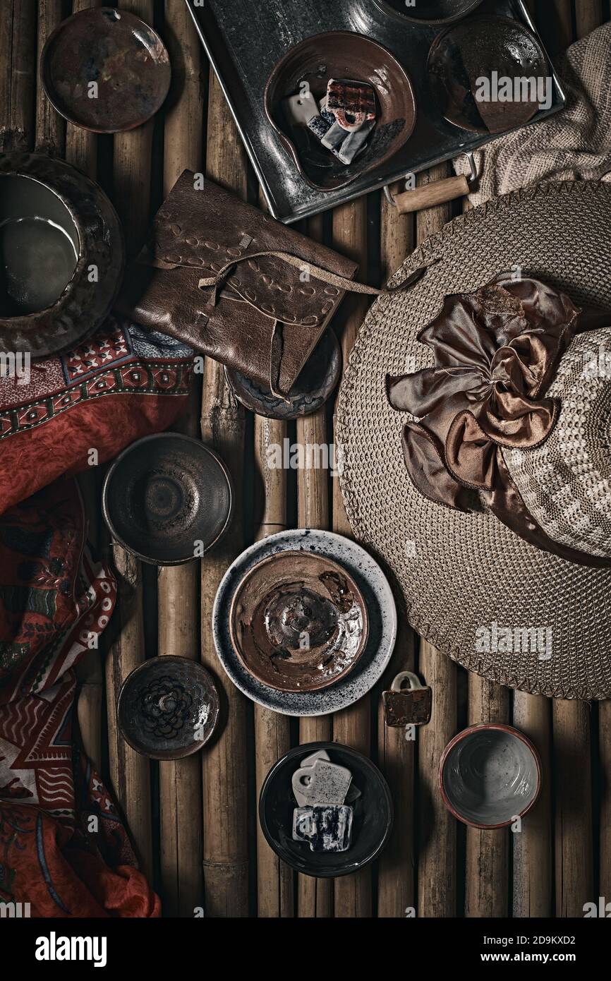 Different handmade ceramic on background. Stock Photo