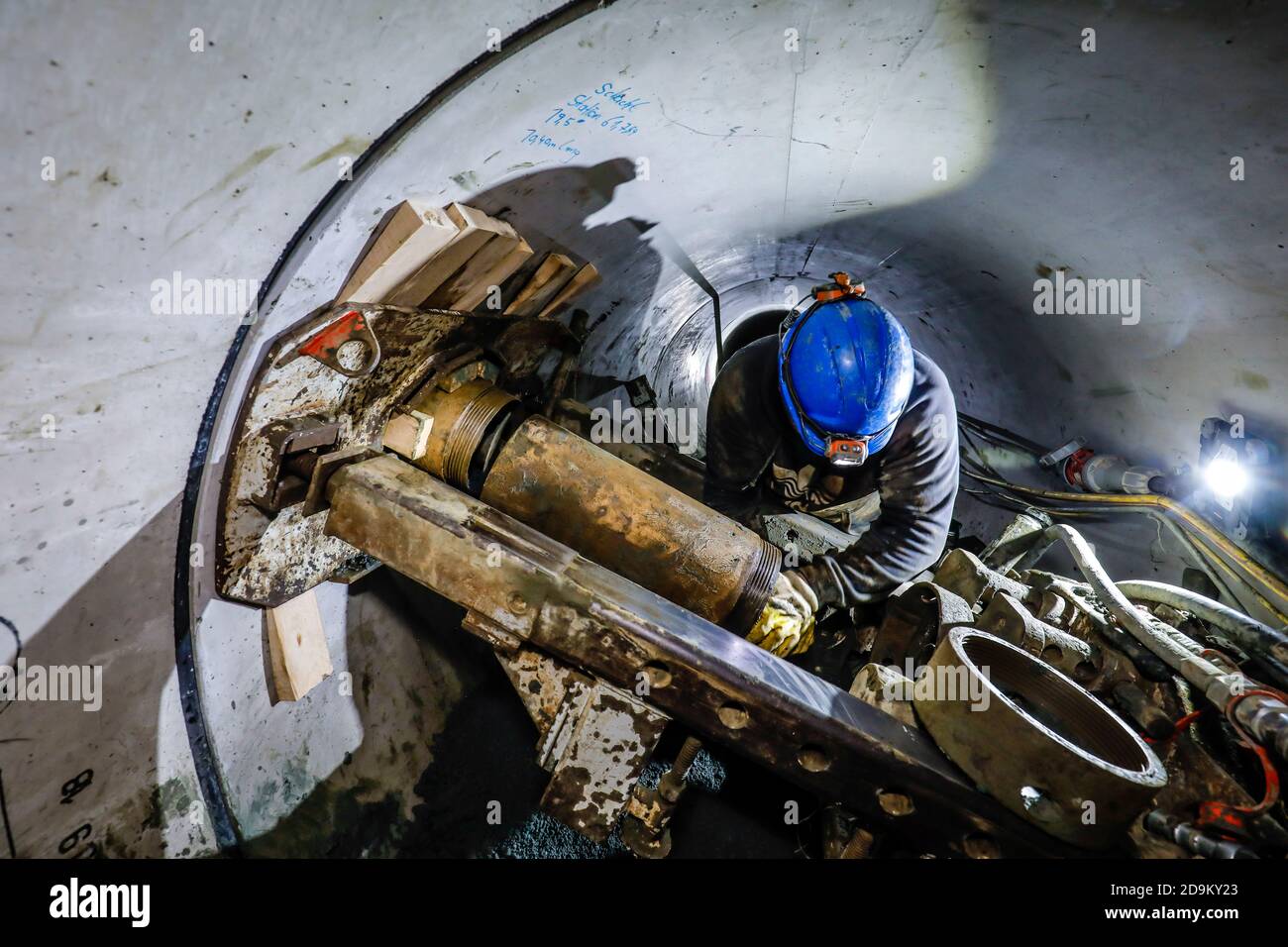 Essen, Ruhr area, North Rhine-Westphalia, Germany, house connection drillings from a newly laid sewer pipe. Stock Photo