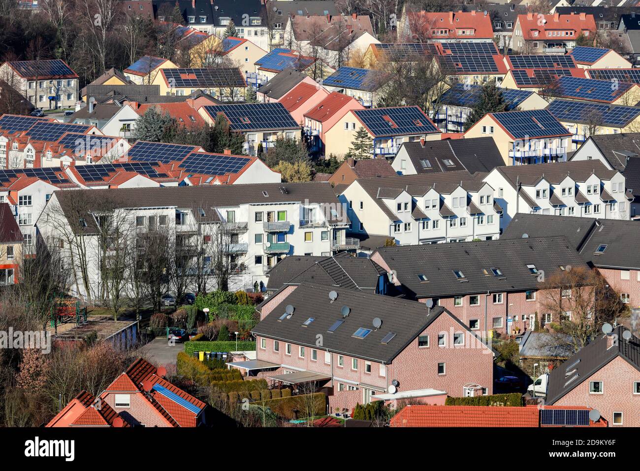 Essen, Ruhr area, North Rhine-Westphalia, Germany, apartment buildings with many solar roofs, housing estate in Bottrop, Innovation City Ruhr, model city Bottrop Stock Photo