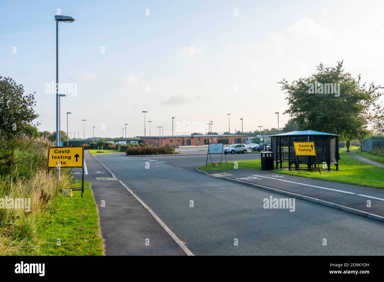 Signs at a COVID-19 testing centre set up in the car park of Consett AFC football club in Consett, County Durham, UK Stock Photo